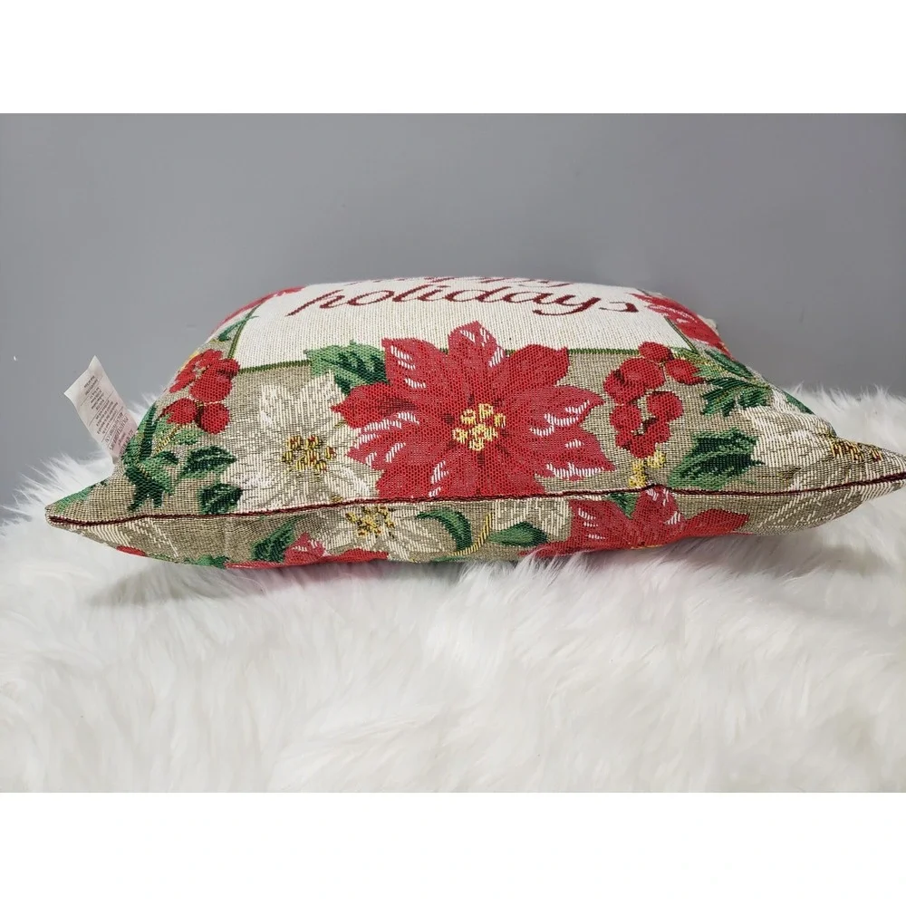 NEW Vintage Christmas Tapestry Rug Throw Pillow Poinsettia‎ Floral Grandma retro